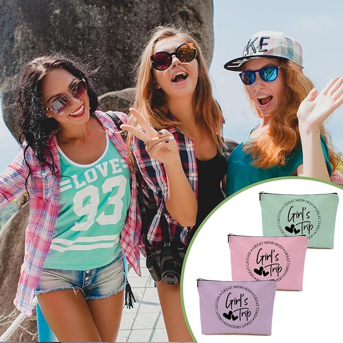 3Pcs Girls Trip Gifts Favors, 2025 Girls Weekend Gifts Makeup Bag, Bestie Gifts Weekend Bag Vacation Cosmetic Bag, Friendship Gifts for Women Friend Bestie, Graduation Wedding Gifts Toiletry Bag