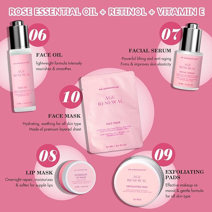 Mother's Day Gifts for Mom Skin Care Routine Kit for Women, Rose Essential Oil+Retinol+ Vitamin E, 10-Piece Complete Skin Care Set, Korean Skin Care Set, Birthday Gifts for Women
