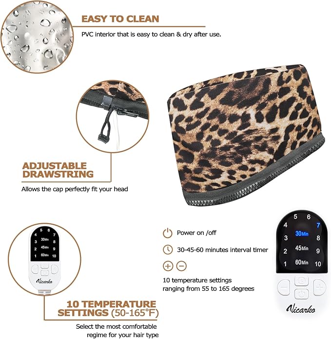 VICARKO Hair Steamer for Deep Conditioning, 10-Level Heats Up Quickly, 118” Power Cord, Heating Cap Hot Oil Treatment Heat, Electric Thermal Heated Steam for Natural Black Hair, Animal Print