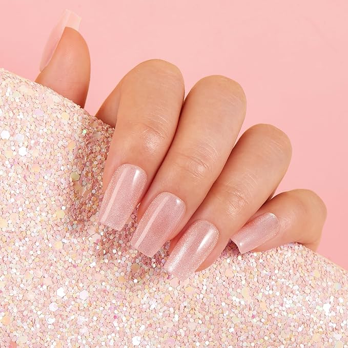 VSALON Short Coffin Press-On Nails - Pink Cat Eye Glue on Nails, Reusable Fake Nails with Nail Glue, Protector Cuticle Oil, Adhesive Tabs & Mini Nail File - 32 PCS in 16 Sizes (Pink Fantasy)