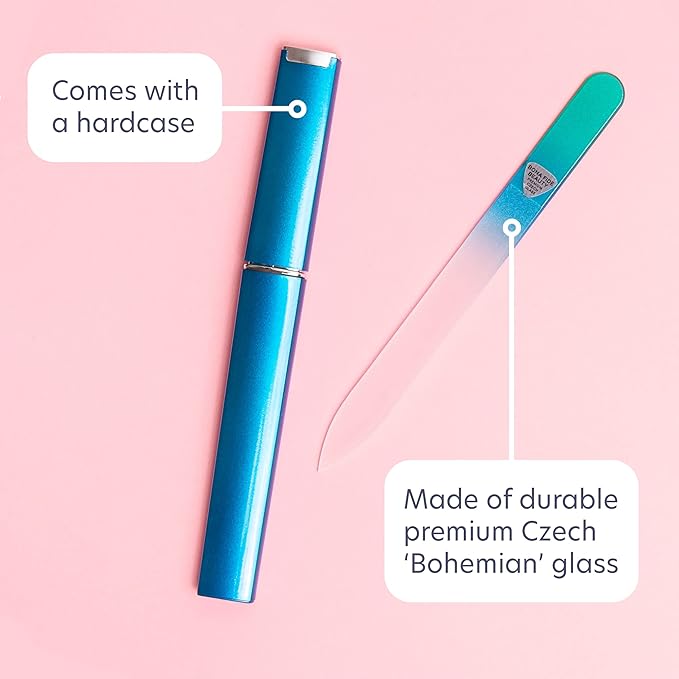 Bona Fide Beauty Czech Glass 4PC Value Bundle - 2 Clear Cuticle Pushers and 2 Glass Nail Files (Blue and Magenta)
