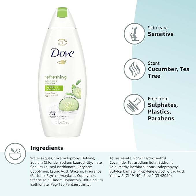 Dove go fresh Refreshing Body Wash Revitalizes and Refreshes Skin Cucumber and Green Tea Effectively Washes Away Bacteria While Nourishing Your Skin 12 oz