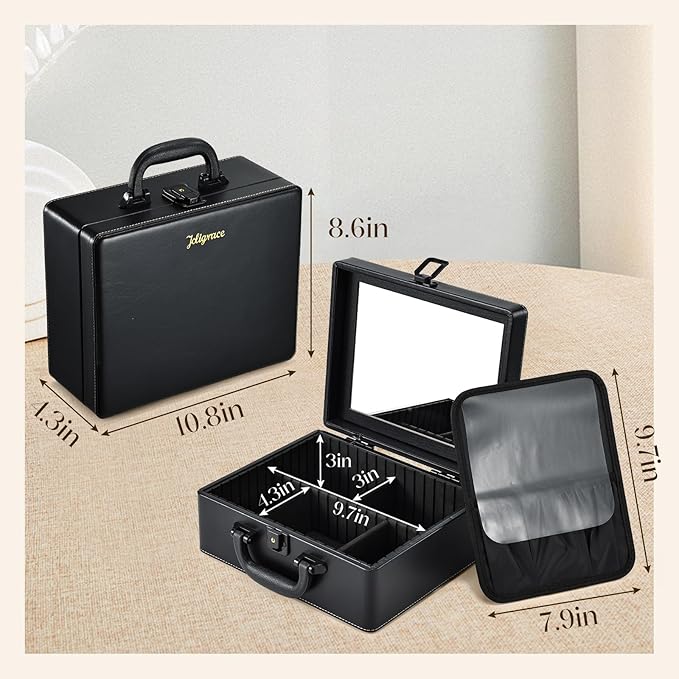 Joligrace Travel Makeup Case with Mirror, Makeup Organizer Case, PU Leather Makeup Train Case Portable Vanity Case Make up Box Countertop Storage Bag for Women,with Adjustable Dividers & Brush Holder