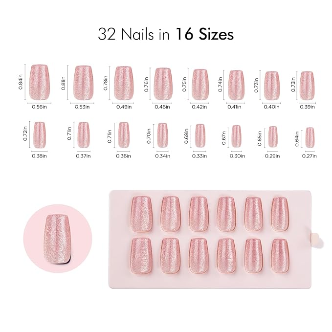 VSALON Short Coffin Press-On Nails - Pink Cat Eye Glue on Nails, Reusable Fake Nails with Nail Glue, Protector Cuticle Oil, Adhesive Tabs & Mini Nail File - 32 PCS in 16 Sizes (Pink Fantasy)