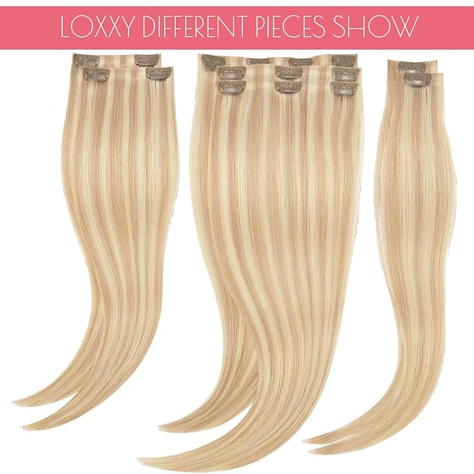 Loxxy Seamless Extensions Clip in Human Hair 16inch Seamless Clip in Hair Extensions Real Human Hair Pu Weft Blonde Hair Clip Extensions for Women Golden Brown Mixed Platinum Blonde 12/60A 110g 7pcs