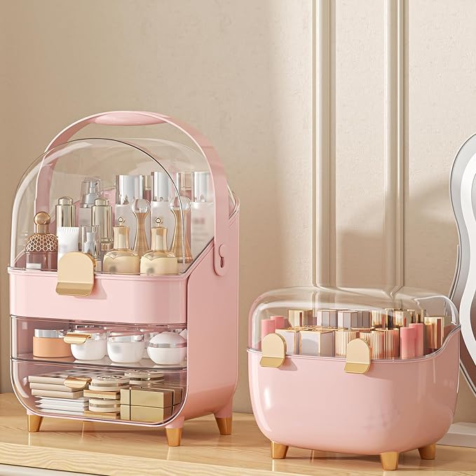 Makeup Organizer, Skincare Holder Bathroom Counter Organizer, Storage Box Cosmetic Display Cases, Teen Girl Gifts Trendy Stuff Make up Organizers for Vanity, Dresser, Countertop (Pink)