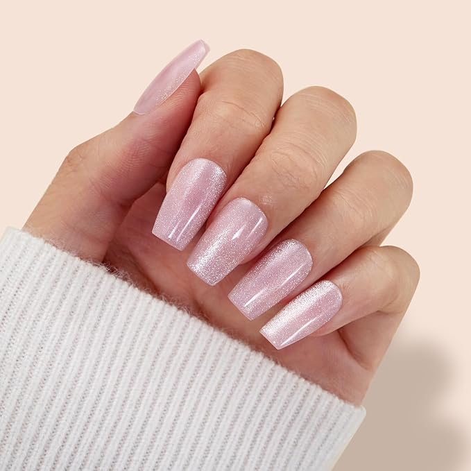 VSALON Short Coffin Press-On Nails - Pink Cat Eye Glue on Nails, Reusable Fake Nails with Nail Glue, Protector Cuticle Oil, Adhesive Tabs & Mini Nail File - 32 PCS in 16 Sizes (Pink Fantasy)