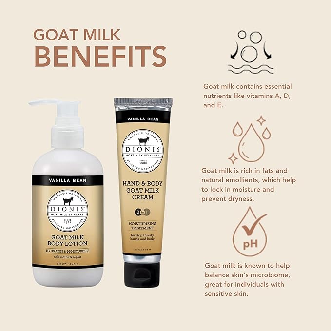 Dionis Goat Milk Skincare Vanilla Bean 8.5oz Hydrating Body Lotion and 3.3oz Hand & Body Moisturizing Travel Size Cream Scented Bundle, Natural Ingredients, Made in the USA, Cruelty Free, Paraben Free