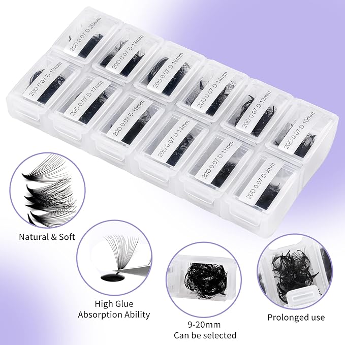 1200 Fans Lash Extension Premade Fans Eyelash Extensions 9-20mm Mixed 20D Eyelash Extension C Curl Pointed Base Volume Lash Extensions Handmade Lash Extensions(1200PCS-20D-0.07-C, 9-20mm mixed tray)