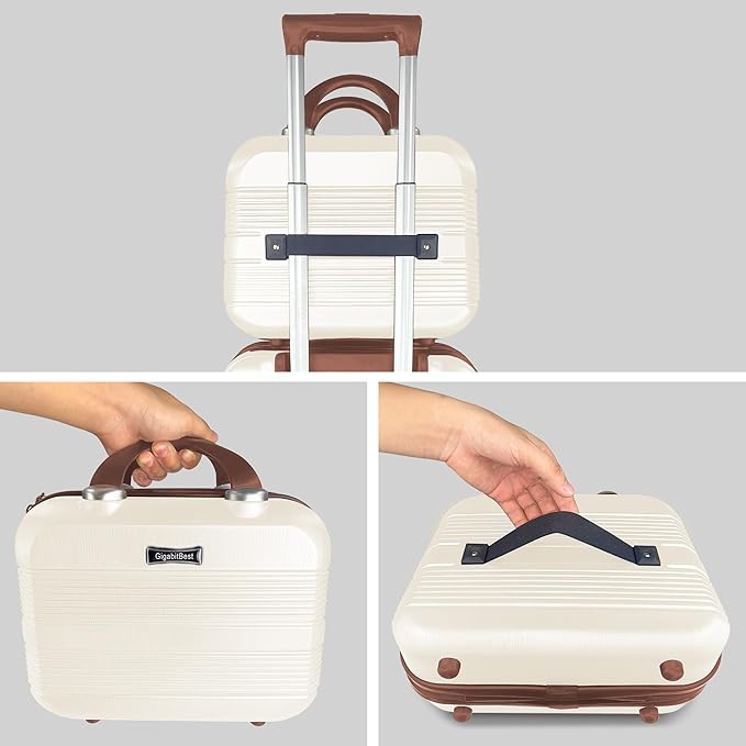 14" Portable Hard Shell Makeup Travel Case - Stylish PC+ABS Cosmetic Organizer for Women - Scratch-Resistant, Elastic Strap, Mini Suitcase - Perfect for Romantic Gifts(Light Brown)