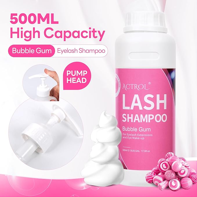 Eyelash Extension Cleanser Bubble Gum 500ml Natural Lash Extension Shampoo Professional Eyelid Foaming Cleanser Paraben & Sulfate Free Non-lrritating with Salon and Home Care
