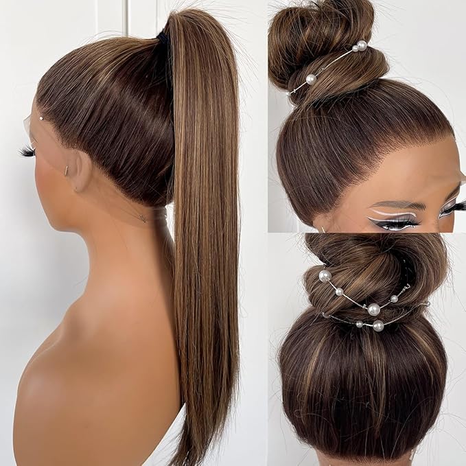 360 Honey Blonde Lace Front Wig Pre Plucked Glueless Highlight Straight Lace Front Wig 180 Density Long Straight Yaki Synthetic HD Lace Front Wig 32inch