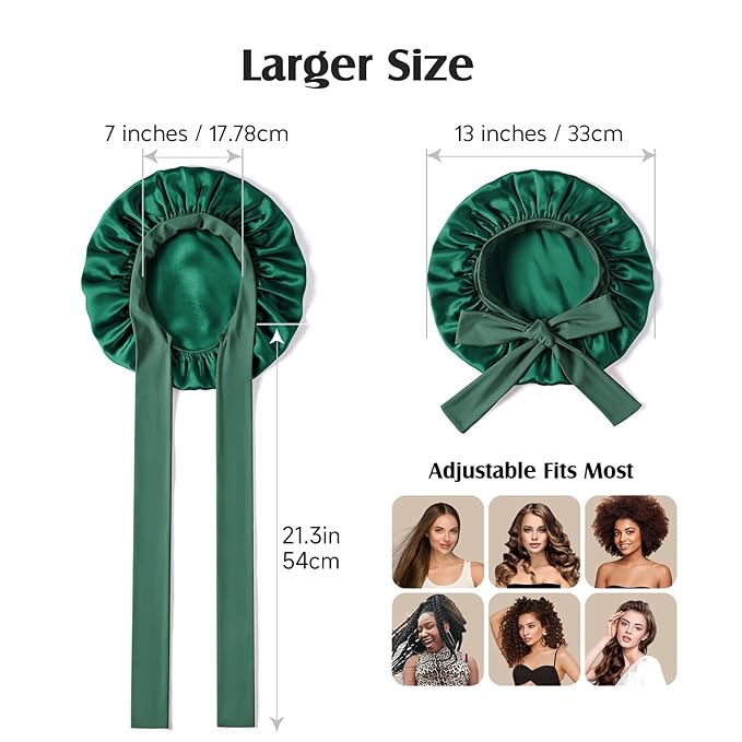 YFONG 100% 22 Momme Mulberry Silk Bonnet for Sleeping Women, Larger Double Layer Silk Hair Wrap for Curly Short Long Hair, Non-Slip Sleep Cap Turban with Elastic Tie Band for Hair Care, Green