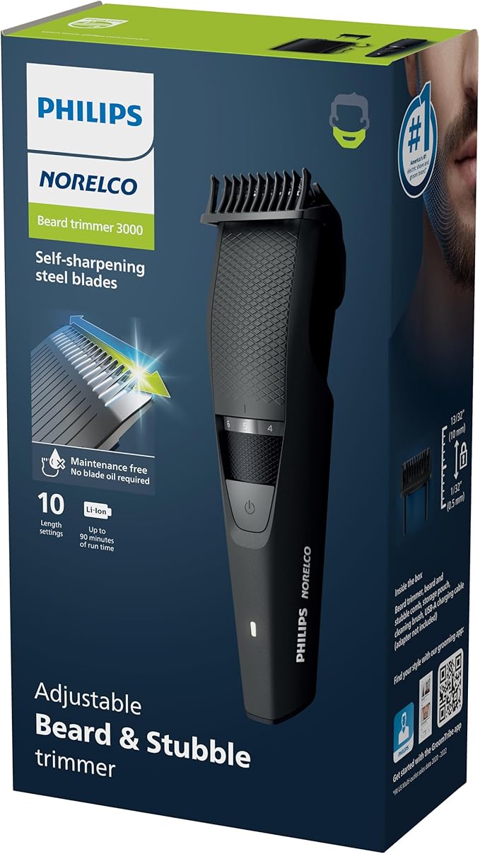 Philips Norelco Beard Trimmer and Hair Clipper - Cordless Grooming, Rechargeable, Adjustable Length, Beard Trimmer and Hair Clipper - No Blade Oil Needed - BT3230/41