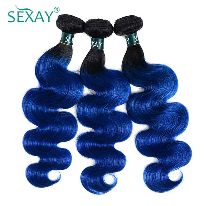 1B/Blue Hair Ombre Brazilian Body Wave 1 Bundle Deal Pre-Colored Remy Human Hair Weaving 2 Tone Ombre Hair 10A Virgin Human Hair Bundles (18", Body 1B/Blue)
