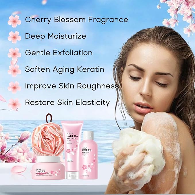 Japanese Sakura Bath Sets for Women Gift - Mother's Day Gifts for Mom - Travel Essentials for Women - Skincare for Girls 10-12 - with Scrub Body Lotion(One Size, 4PCS Sakura Scent)