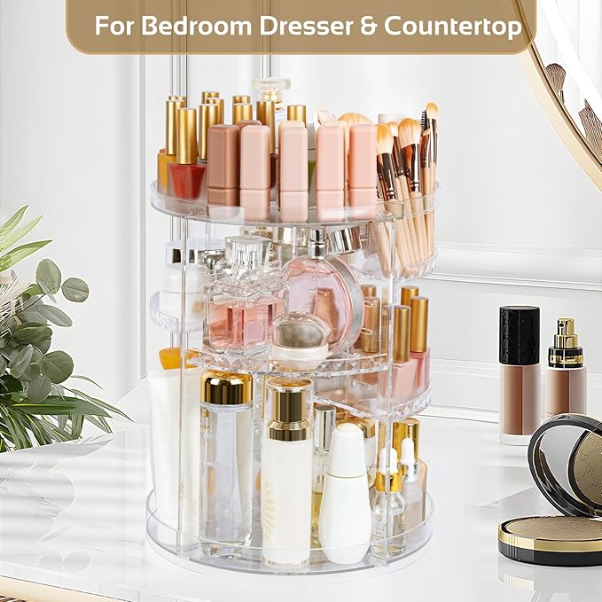 Boxalls Makeup Organizer Rotating Large Capacity, 360 Makeup Carousel with Brush Compartment, Clear Skincare Cosmetic Spinning Organizer with 7 Layers for Countertop Vanity Bathroom Bedroom