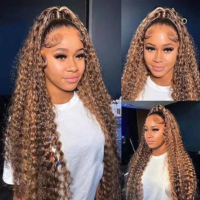 28inch Highlight Ombre Lace Front Wig Human Hair 13x6 HD Honey Blonde P4/27 Deep Wave Lace Frontal Wigs Human Hair Pre Plucked 180% Density Curly Water Wave Wigs for women