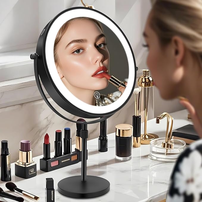 10x Large Lighted Makeup Mirror, Rechargeable 8.7" Double-Sided Vanity Mirror with 3 Color Dimmable Lights, 1X/10X Height Adjustable Magnifying Mirror, 360° Swivel, for Women Girl(Black)