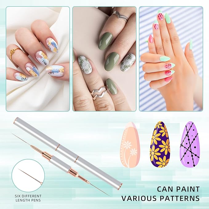 Nail Art Liner Brushes Sliver Set,double end nail art Brushes 10 Heads Striping Liner Brush for Long Lines Detail Thin nail art brush Metal Handle Striper Brushes Lengths 5/7/9/11/14/15/17/20/22/25mm