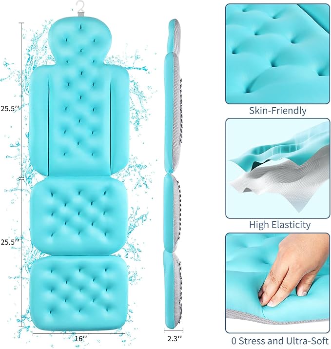 Luxury Bath Cushion, Full Body Bathtub Pillow with 160 Suction Cups, Bath Mat for Head and Neck Support, with Laundry Bag (Blue, 51.2" x 16.2")