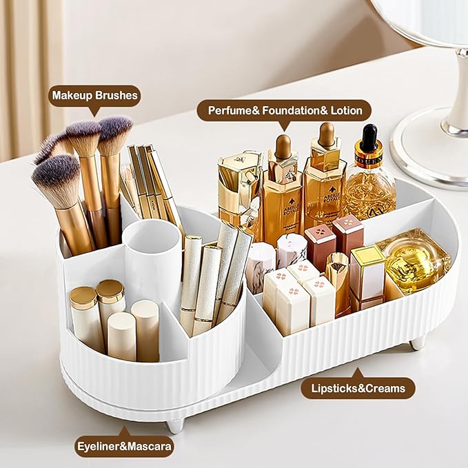 Rotating Vanity Organizer with Brush Holder, Large Spinning Makeup Skincare & Cosmetic Organizer, Countertop Perfume & Lotions Display Case (White)