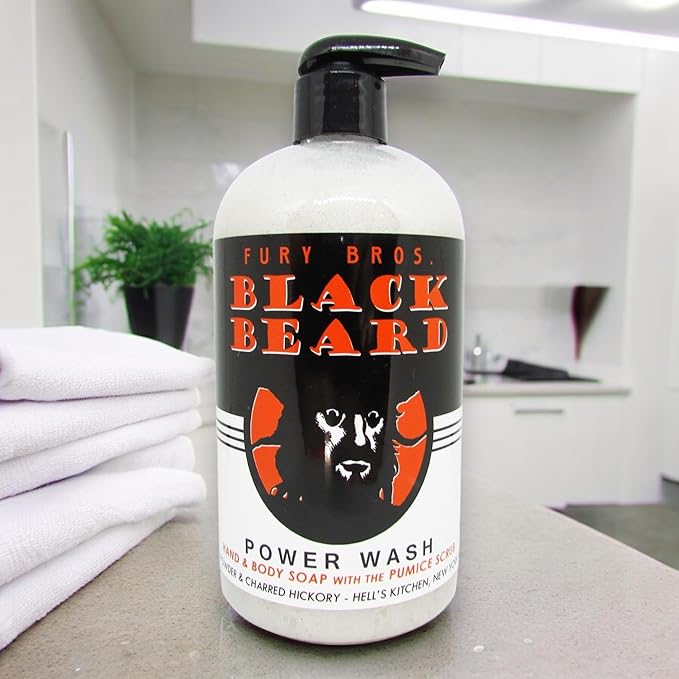 Premium Power Wash | Black Beard | Gunpowder & Charred Hickory | Hand & Body Wash | Exfoliating Pumice | Moisturizing Aloe Vera | Highly Scented | Made in USA | 16 oz | Dad Men Bath
