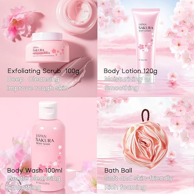 Japanese Sakura Bath Sets for Women Gift - Mother's Day Gifts for Mom - Travel Essentials for Women - Skincare for Girls 10-12 - with Scrub Body Lotion(One Size, 4PCS Sakura Scent)