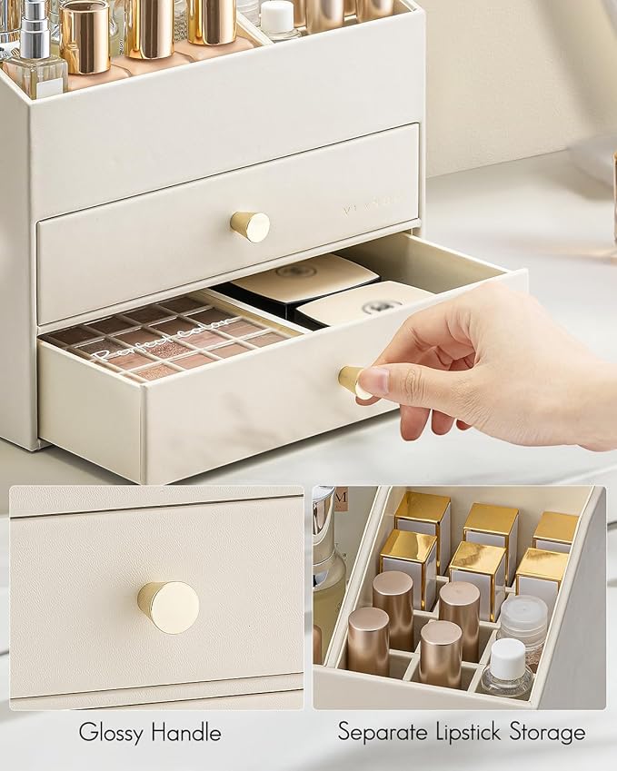 Vlando Makeup Organizer for Vanity,Large Capacity Countertop Organizer with Drawers, PU Leather Cosmetic Display Case for Lipstick,Brushes,Skincare,Bathroom and Bedroom Storage (Beige)