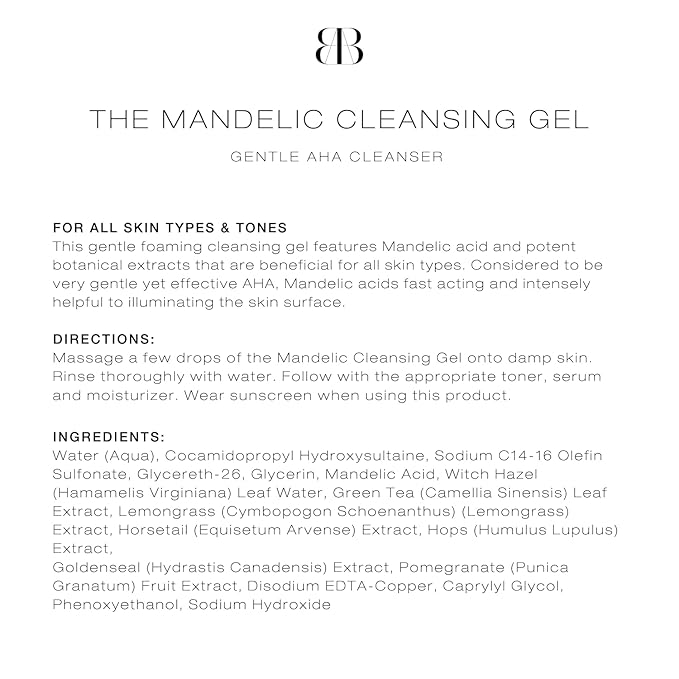 BIBA DE SOUSA The Mandelic Cleansing Gel - Gentle, Sulfate-Free Foaming AHA and Mandelic Acid Skin Cleanser- Antioxidant Botanical Blend - For All Skin Types (8oz)