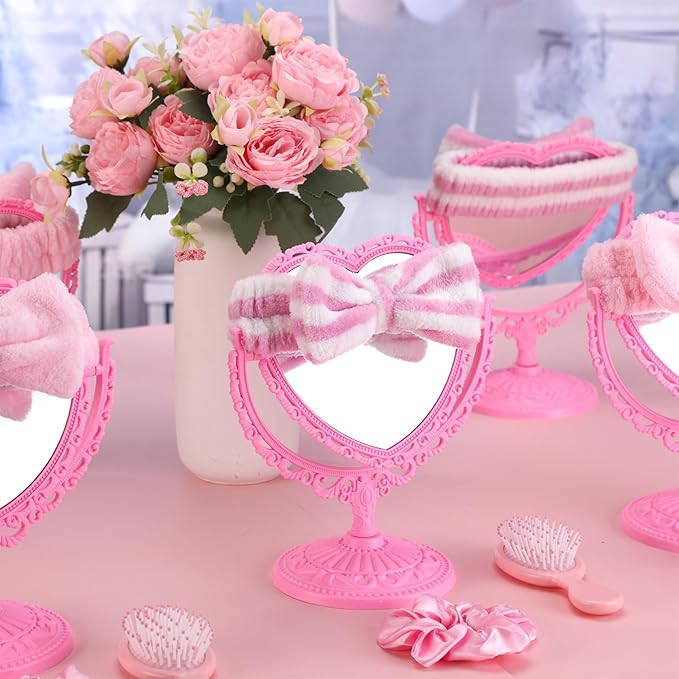 8 Sets Spa Party Mirror 8 Heart Makeup Mirror for Spa Sleepover Slumber Birthday Party Favor Supplies(Pink)