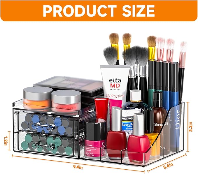 Cq acrylic Clear Makeup Organizer - 2 Drawer Vanity Makeup Holder for Skincare, Hair Clip, Jewelry and Beauty Storage - 1 Pack