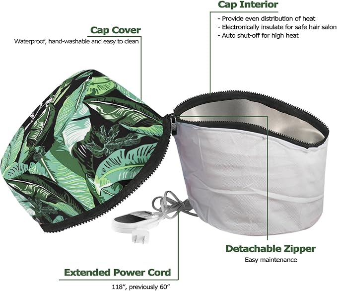 VICARKO Hair Steamer for Deep Conditioning, 10-Level Heats Up Quickly, 118” Power Cord, Heating Cap Hot Oil Treatment Heat, Electric Thermal Heated Steam for Natural Black Hair, Leaf Print