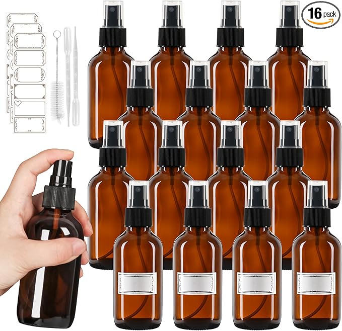 120ml Glass Spray Bottles with Fine Mist Sprayer 16Pack, Small Amber Glass Spray Bottles 4 oz for Perfumes,Cleaning Products,Pet Spray (4fl.oz, Set of 16)
