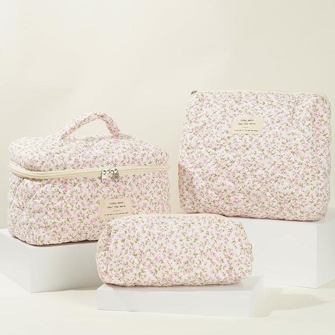 3Pcs Makeup Bag Cotton Quilted Travel Cosmetic Bag Cute Floral Makeup Pouch Large Toiletry Bag for Women Girls (Pink Floral)
