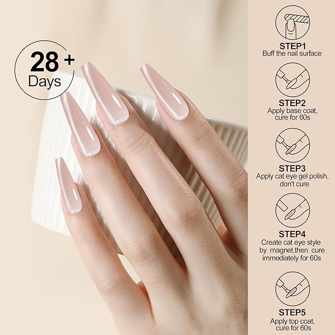 Adhere 7Pcs 5G Ultrafine Magnetic Water Light Sensation Colorful Light Cat Eye Gel Nail Polish, Transparent Light Pink Colored Glass Bead Cat Eye with Magnet Brush