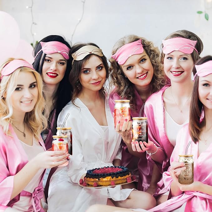 Irenare 8 Pcs Proposal Gifts Set Robes Makeup Bag Cup Cards Hair Tie Bracelet Diamond Pen Bridesmaid Gift Box(Pink,Matron of Honor)