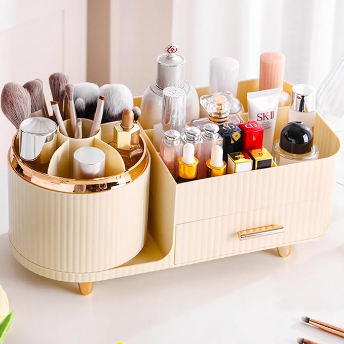 Rotating Makeup Organizer for Vanity with Brush Holder and Drawer, Cosmetic Makeup Storage, Large Spinning Makeup Skincare Organizer, Countertop Makeup Perfume Organizer, Lotions Display Case (Ivory)