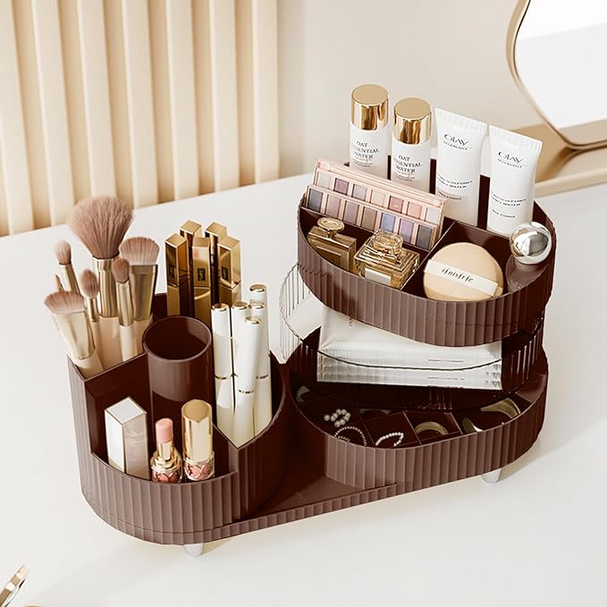 Rotating Makeup Organizer for Vanity with Brush Holder and Drawer, 3 Layer Cosmetic Makeup Storage, Large Makeup Skincare Organizer, Countertop Makeup Perfume Organizer, Lotions Display Case (Brown)