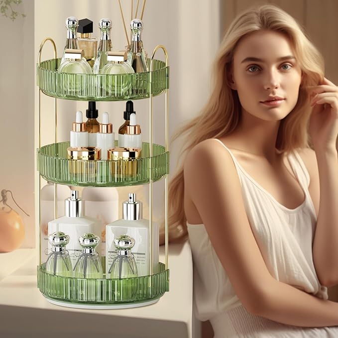 360° Rotating Makeup Organizer for Vanity - 3 Tier Perfume Organizer with Large Capacity - Skincare Organizer for Bathroom Counter - Space-Saving Cosmetic Storage for Dresser Countertop (Green)