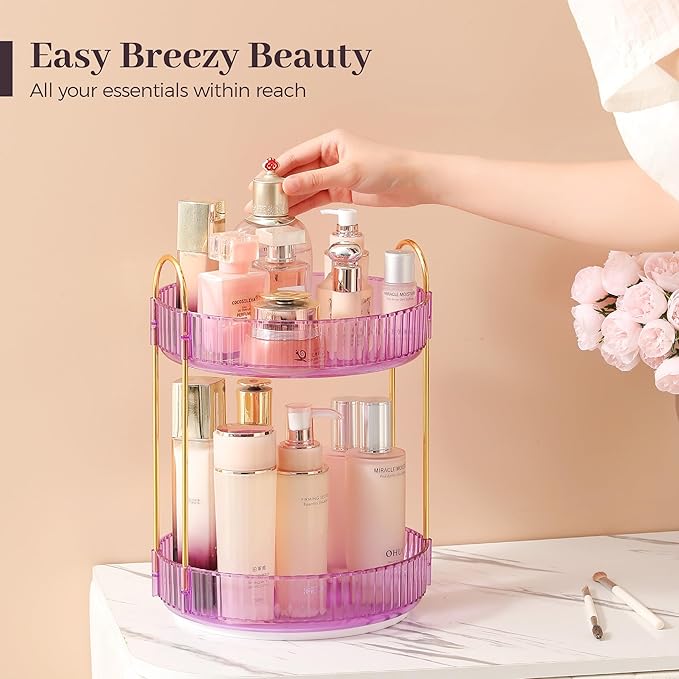 Aveniee Rotating Makeup Organizer for Vanity, Perfume Skincare Organizers Spinning, 2 Tier Bathroom Countertop Storage Organizer, Cosmetics Lipstick Holder for Countert Dresser(Purple)