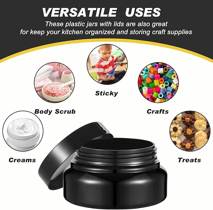 Tessco 24 Pack Plastic Jars with Lids Labels Empty Clear Plastic Jars Round Refillable Cosmetic Containers Body Butter Containers Bulk Sugar Scrub Bottle for Make Up(5 oz,Black)