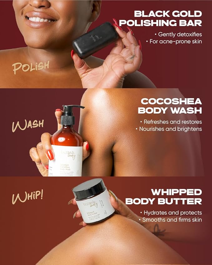 Buttah Skin by Dorion Renaud Buttah Body Trio for Melanin Rich Skin | Egyptian CocoShea Body Wash 10oz | Black Gold Polishing Bar 120g | Whipped Body Butter 4oz | Black Owned Skincare for Men & Women