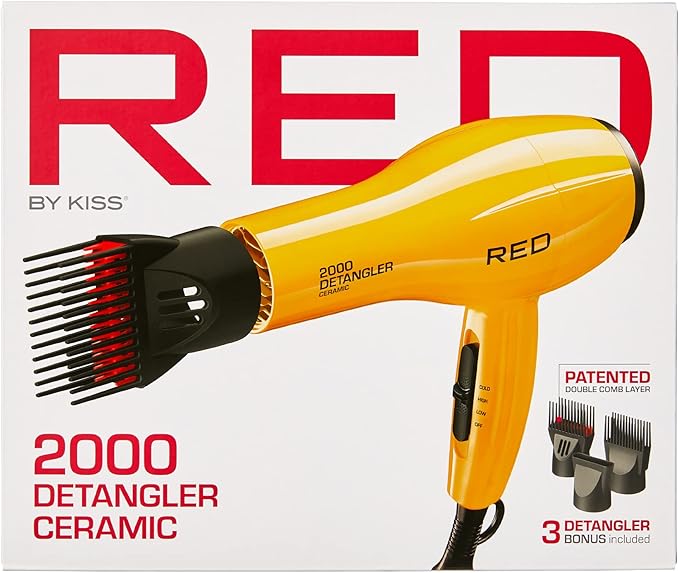 RED by KISS 2000 Ceramic Hair Dryer, Professional Salon Blow Dryer 3 Attachments Included, 2 Detangler Piks, 1 Air Concentrator (Yellow)