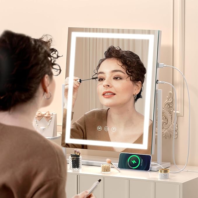 Hasipu Vanity Mirror with Lights, 16" x 20" LED Makeup Mirror, Light up Mirror with Smart Touch 3 Color Modes and Brightness Adjustment, 10X Magnifying Glass,360° Rotation