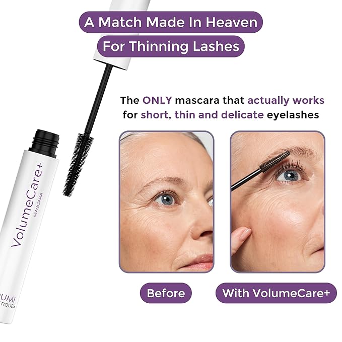 VolumeCare+ Mascara For Older Women - Extreme Length and Volume 2-in-1 Formula - No Clumps, Long-Wearing, Hypoallergenic Mascara For Sensitive Eyes (Dark Brown)