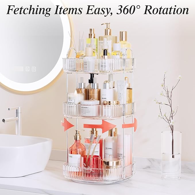 Delamu Rotating Bathroom Countertop Organizer, Large Capacity 3-Tier Multi-Function Storage for Cosmetics, Skincare, and Perfume, Makeup Organizer Countertop Ideal for Dresser, Bathroom,Vanity, Clear