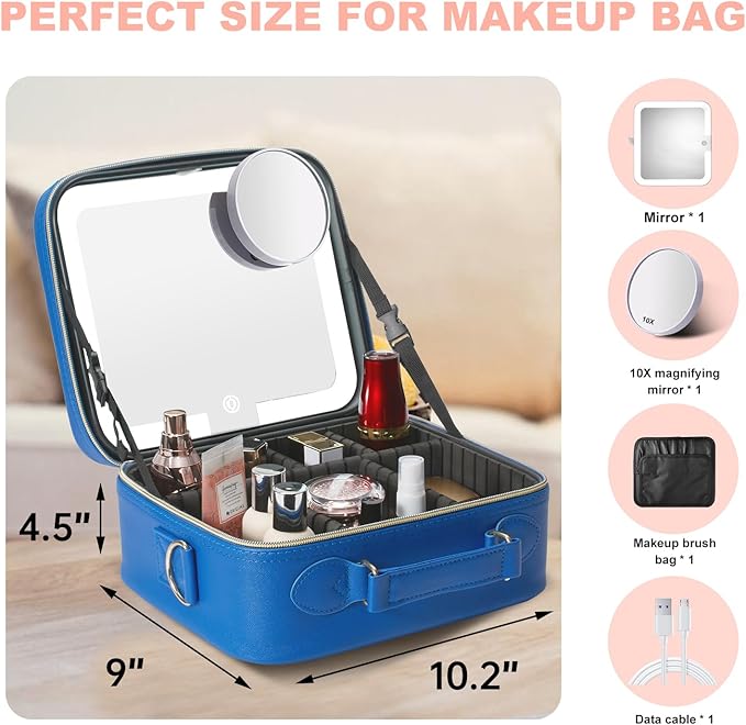 Mocado Travel Makeup Bag with LED Lighted Mirror,Travel Makeup Organizer,Makeup Case with 3 Color Lighted Setting and 10x Magnifying Mirror,Portable Storage and Adjustable Dividers Makeup Box(Blue)
