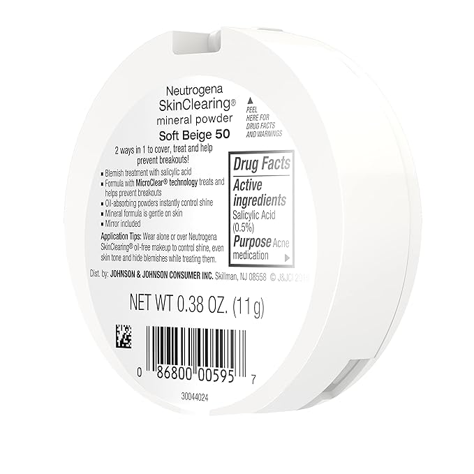 Neutrogena SkinClearing Mineral Acne-Concealing Pressed Powder Compact, Shine-Free & Oil-Absorbing Makeup with Salicylic Acid to Cover, Treat & Prevent Breakouts, Soft Beige 50,.38 oz