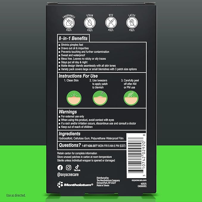 Oxy 8 IN 1 Pimple Acne Patches, Invisible, Sweat & Waterproof Hydrocolloid Zit Covers Protect & Shrink Pimples, Fast On Face & Body, 26 Count in 3 Sizes, Tweezers Included (3x26ct)